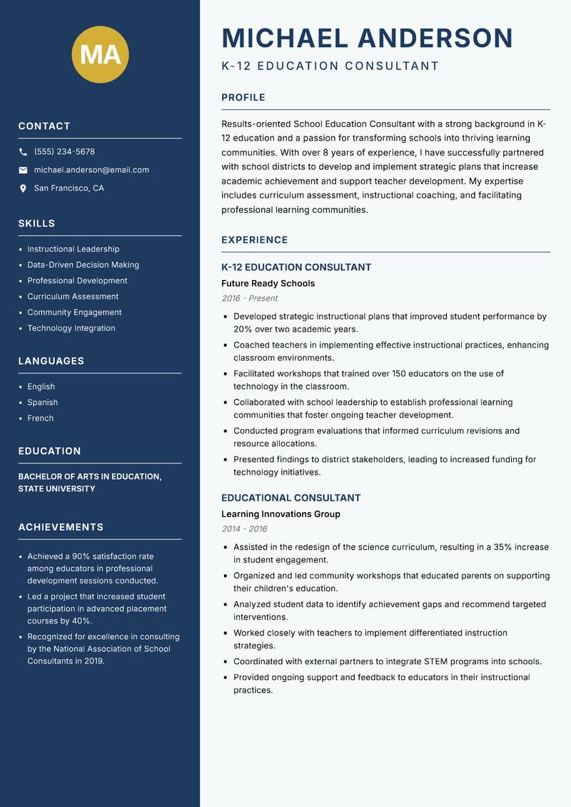 School Education Consultant resume template — Classic Clean