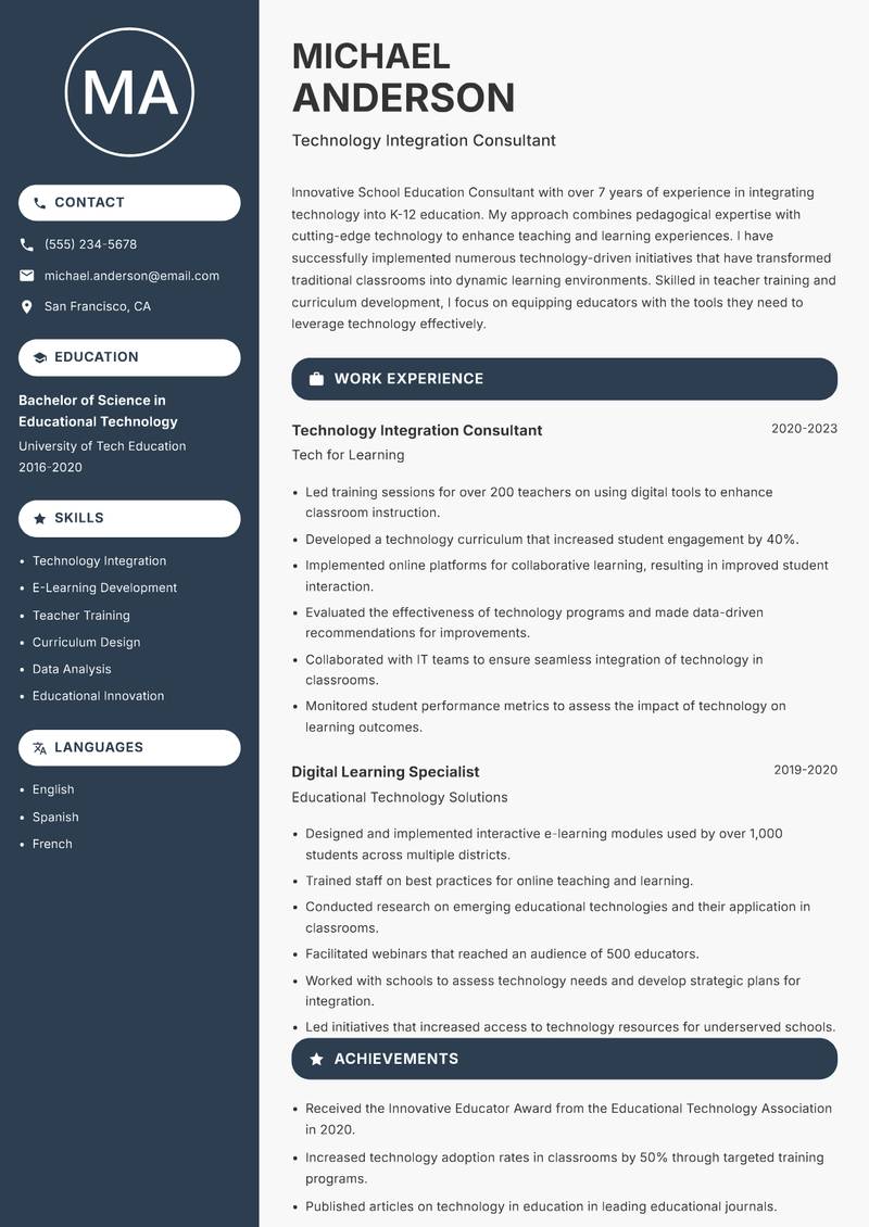 School Education Consultant resume template — Compact