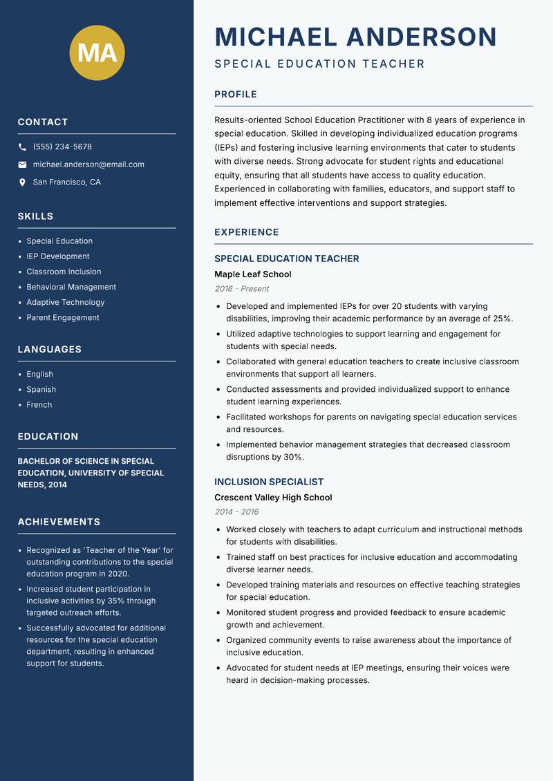 School Education Practitioner resume template — Classic Clean