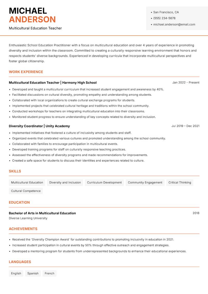 School Education Practitioner resume template — Modern Professional