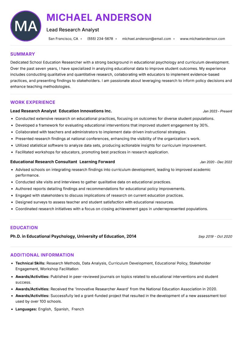 School Education Researcher resume example — ATS-friendly template