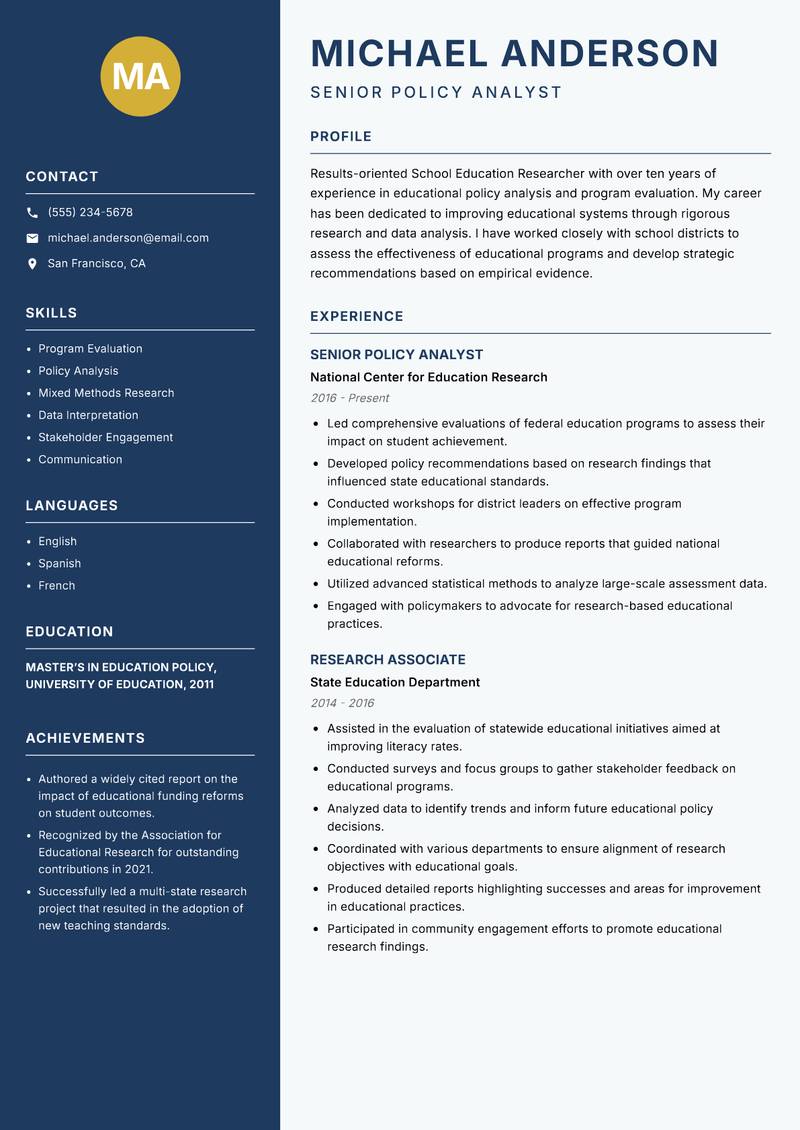 School Education Researcher resume template — Classic Clean