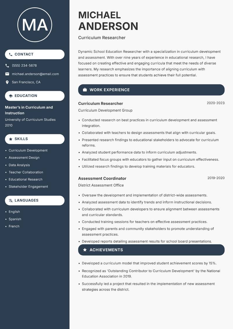 School Education Researcher resume template — Compact