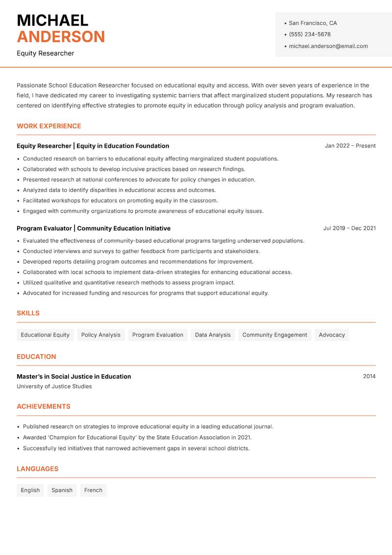 School Education Researcher resume template — Modern Professional