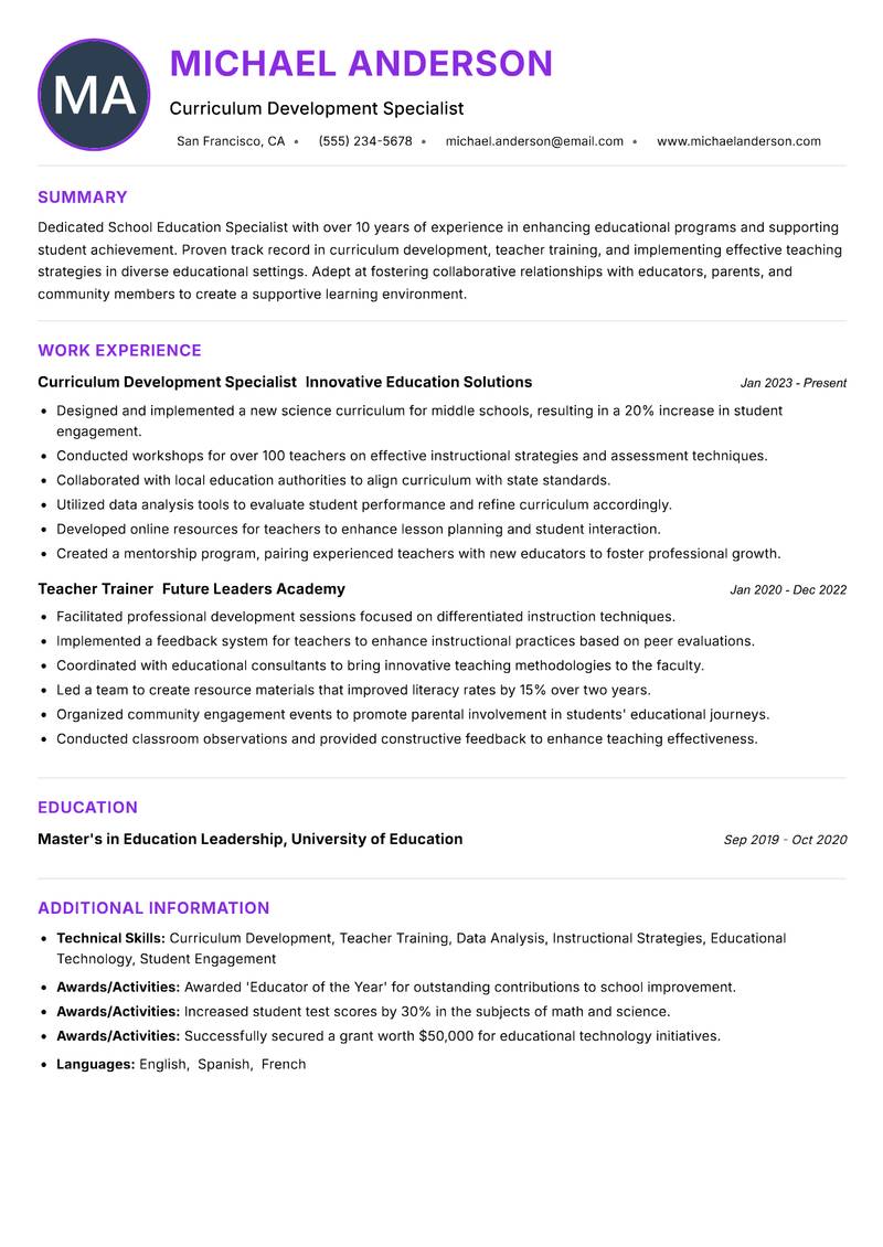 School Education Specialist resume example — ATS-friendly template