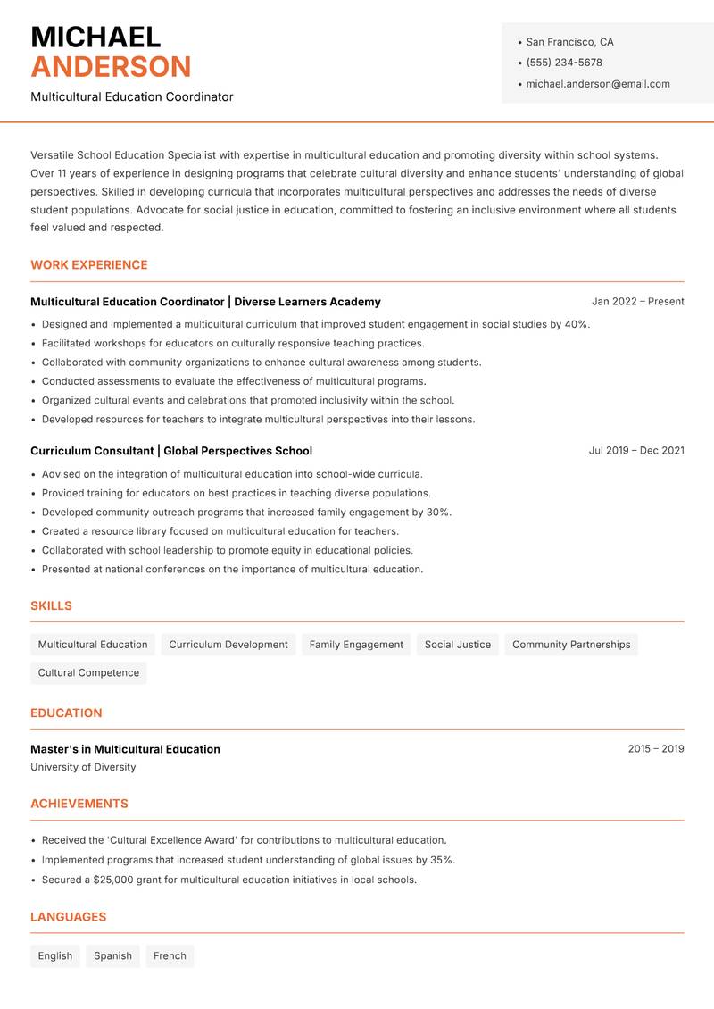 School Education Specialist resume template — Modern Professional