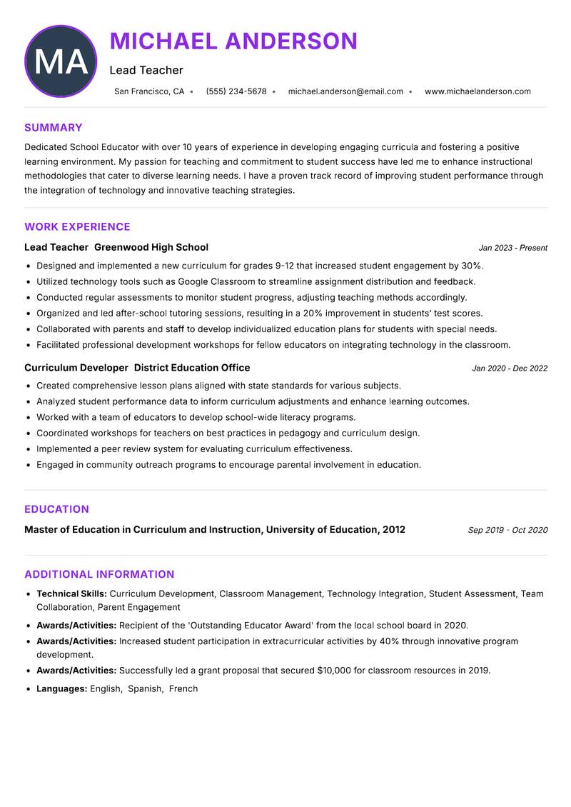 School Educator resume example — ATS-friendly template