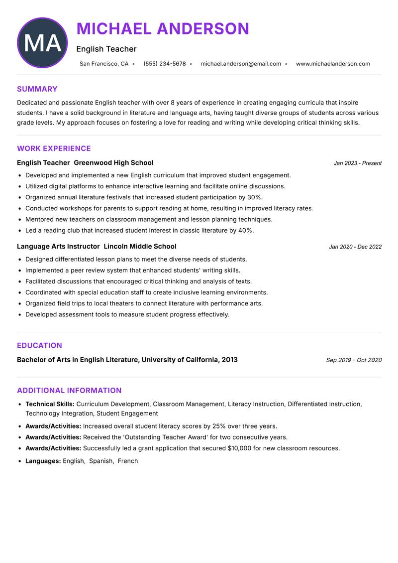 School English Teacher resume example — ATS-friendly template
