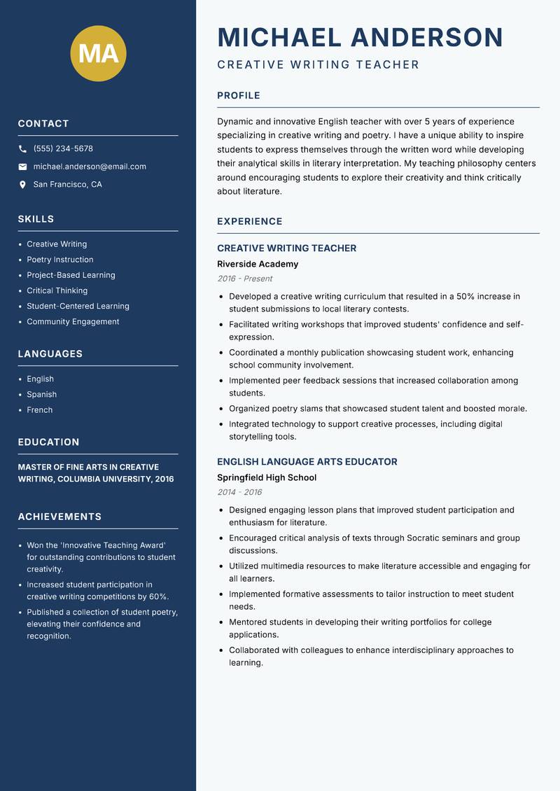 School English Teacher resume template — Classic Clean