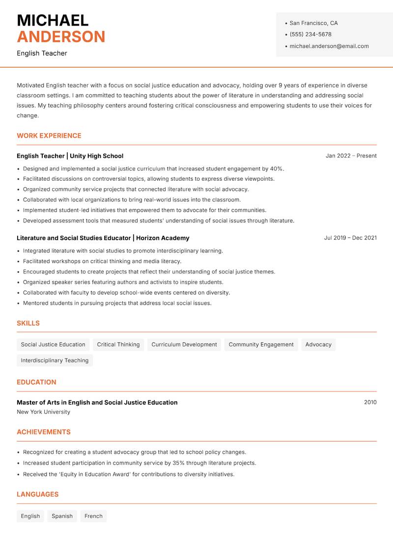 School English Teacher resume template — Modern Professional