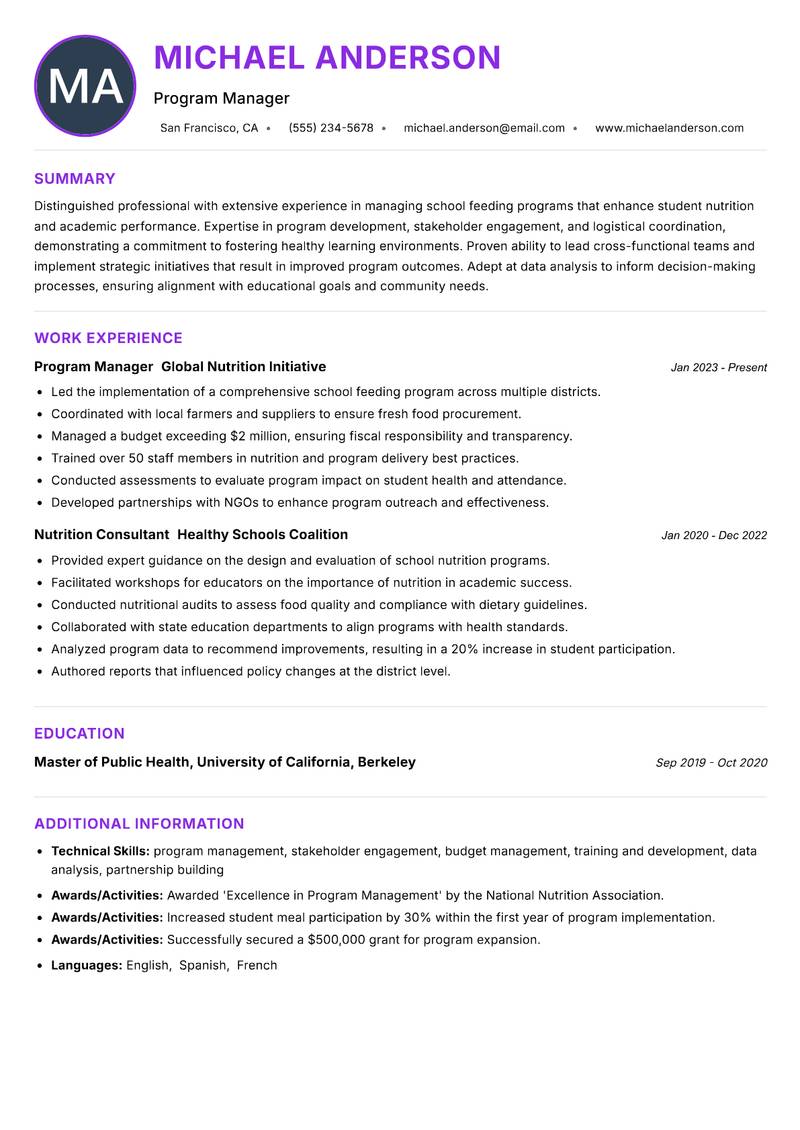 School Feeding Program Coordinator resume example — ATS-friendly template