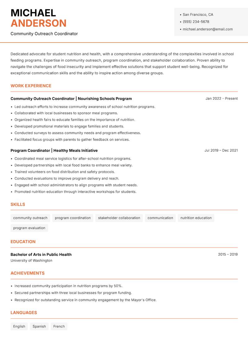School Feeding Program Coordinator resume template — Modern Professional