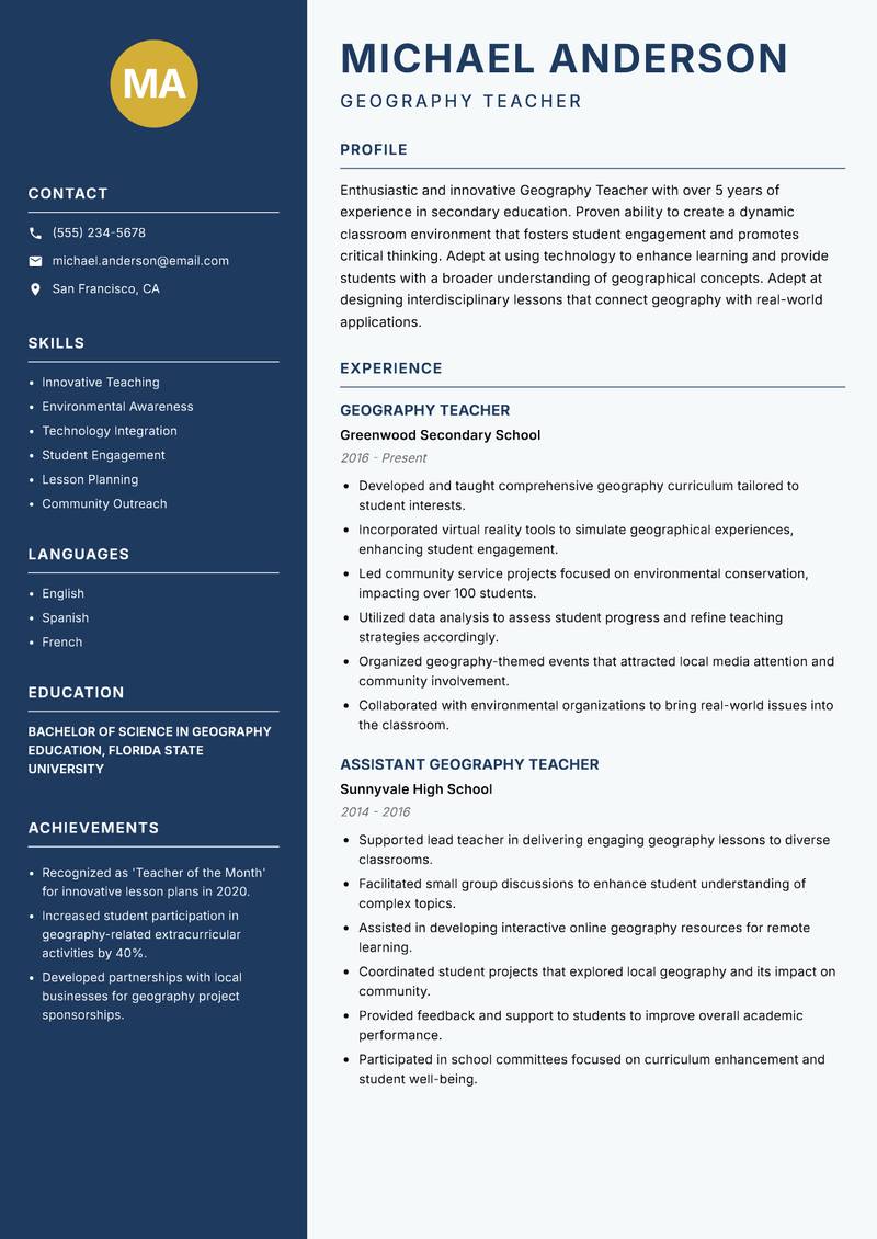 School Geography Teacher resume template — Classic Clean