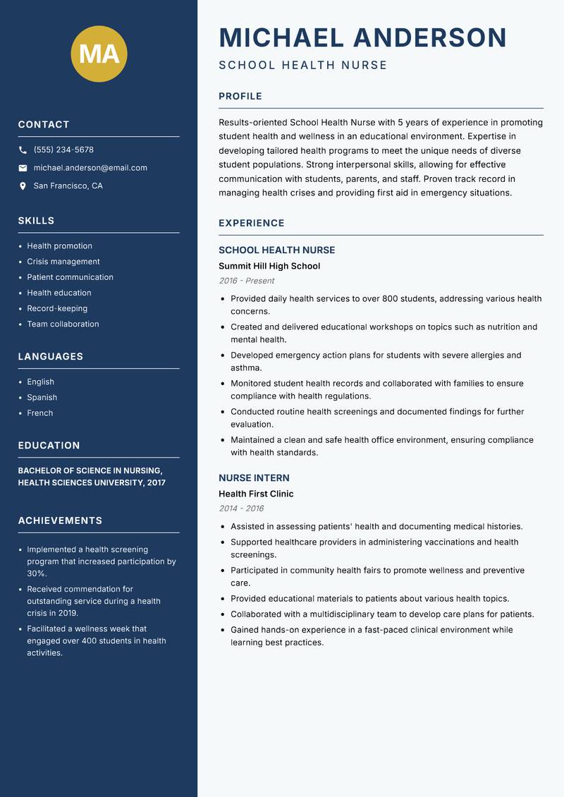 School Health Nurse resume template — Classic Clean