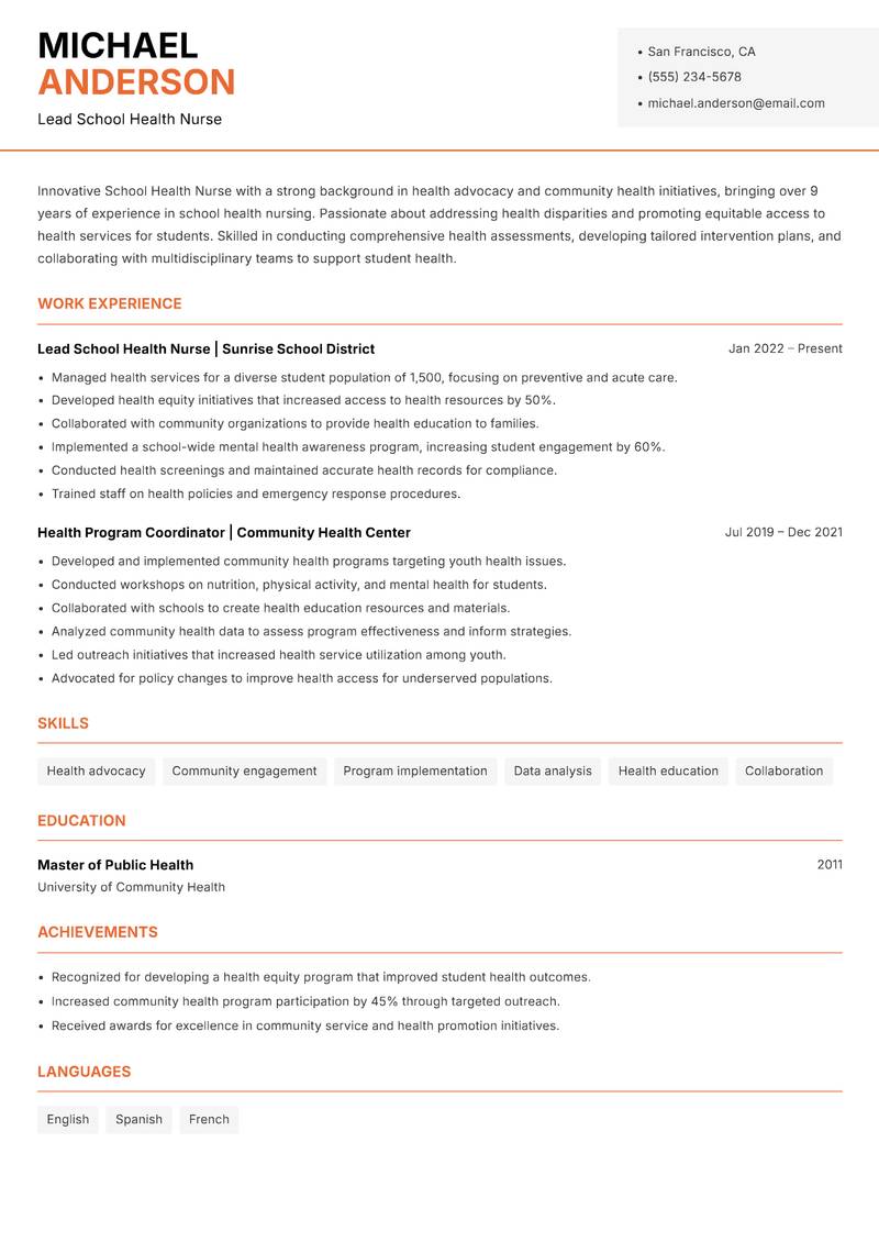 School Health Nurse resume template — Modern Professional