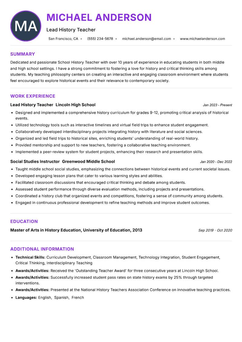 School History Teacher resume example — ATS-friendly template
