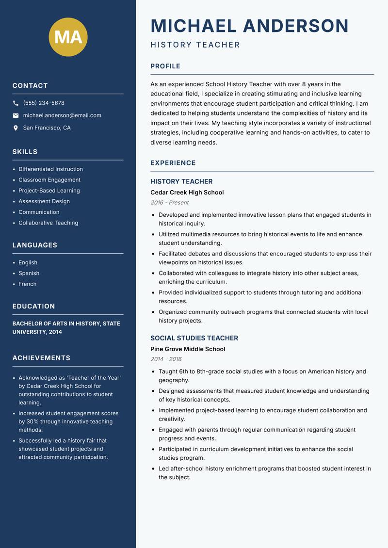 School History Teacher resume template — Classic Clean