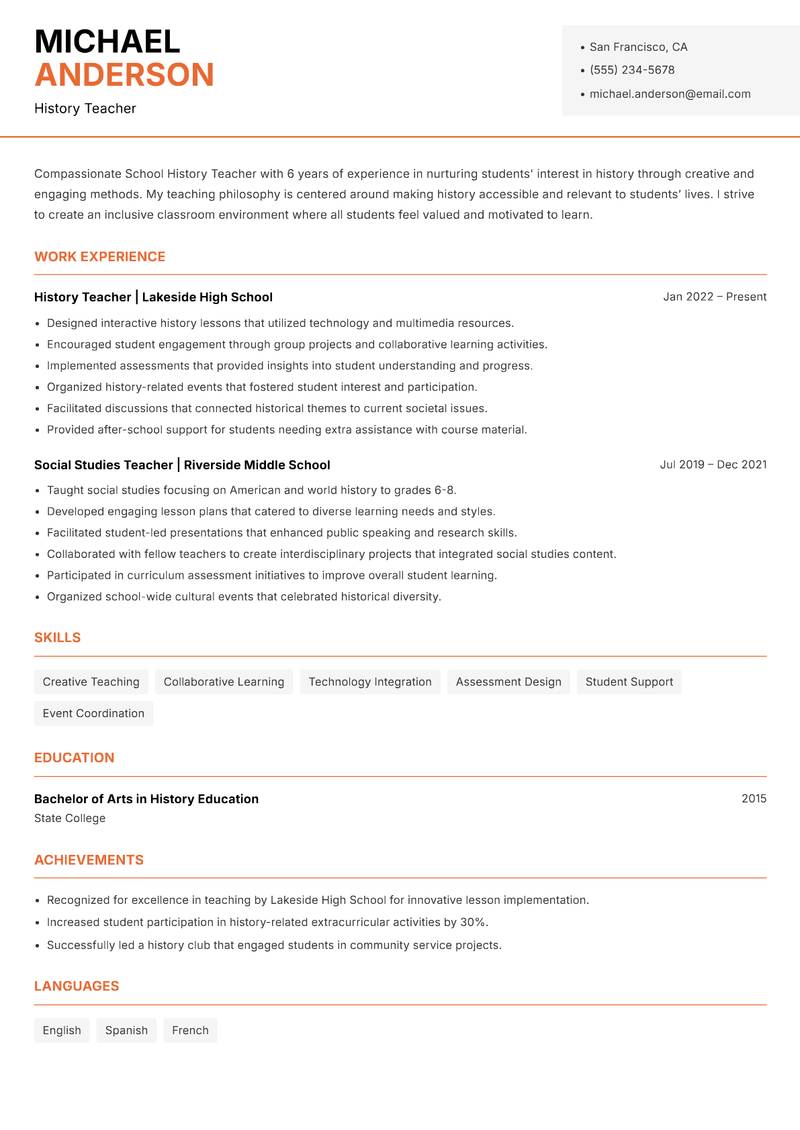 School History Teacher resume template — Modern Professional