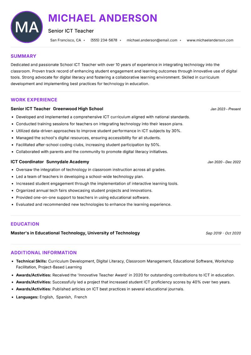School ICT Teacher resume example — ATS-friendly template