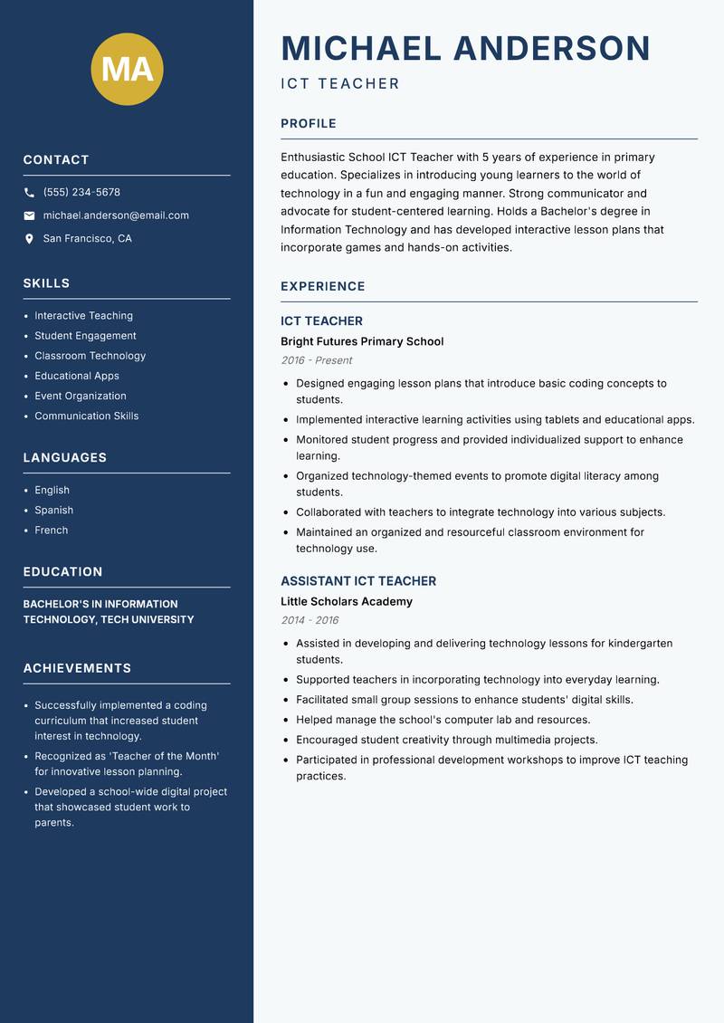 School ICT Teacher resume template — Classic Clean