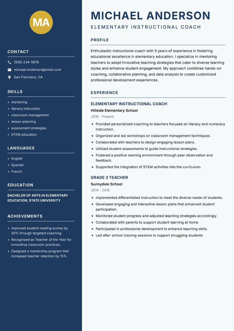 School Instructional Coach resume template — Classic Clean