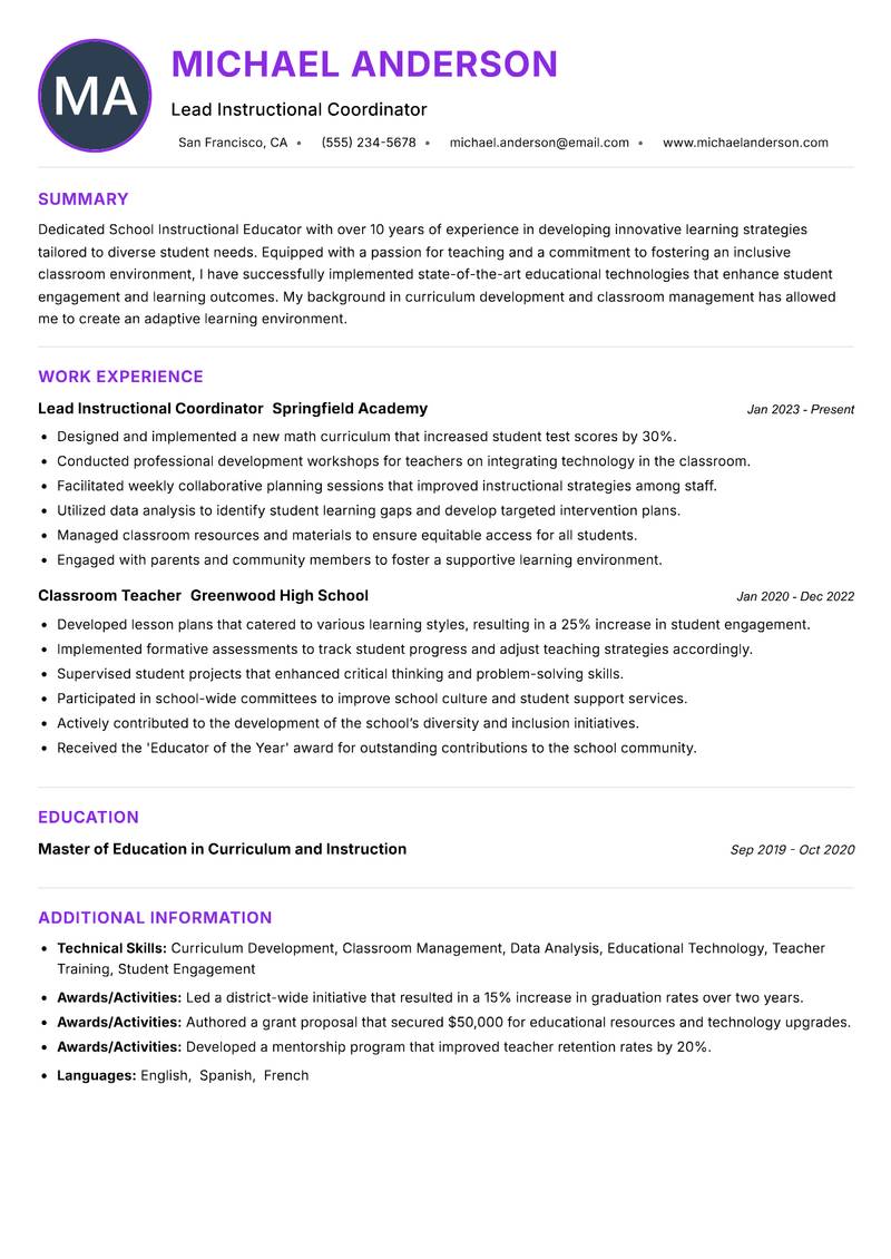 School Instructional Educator resume example — ATS-friendly template