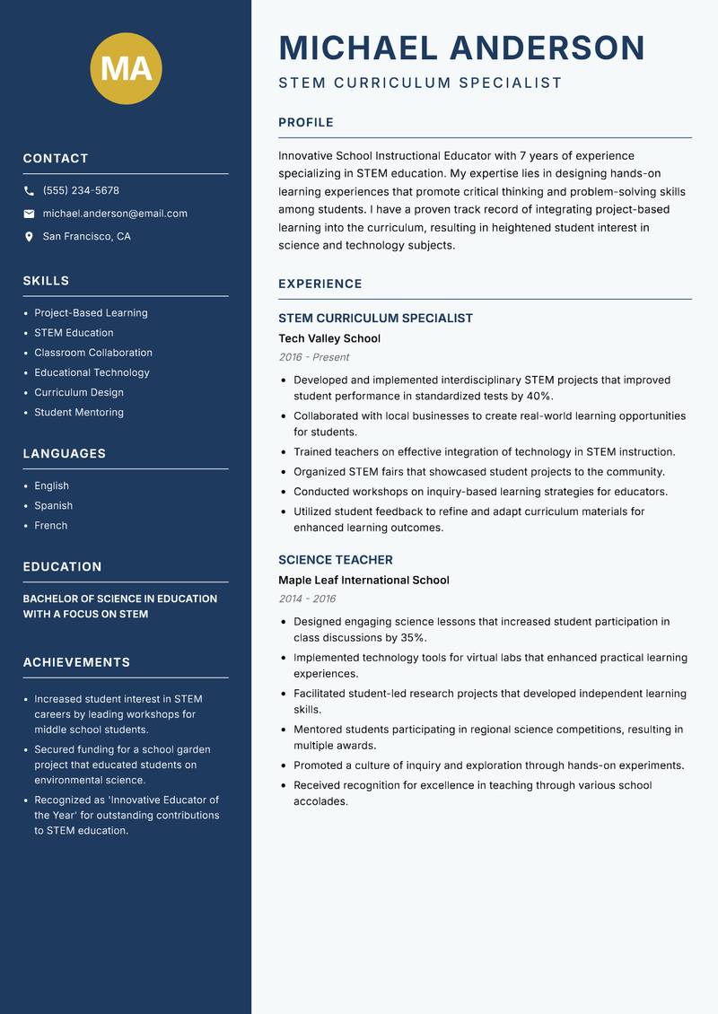 School Instructional Educator resume template — Classic Clean