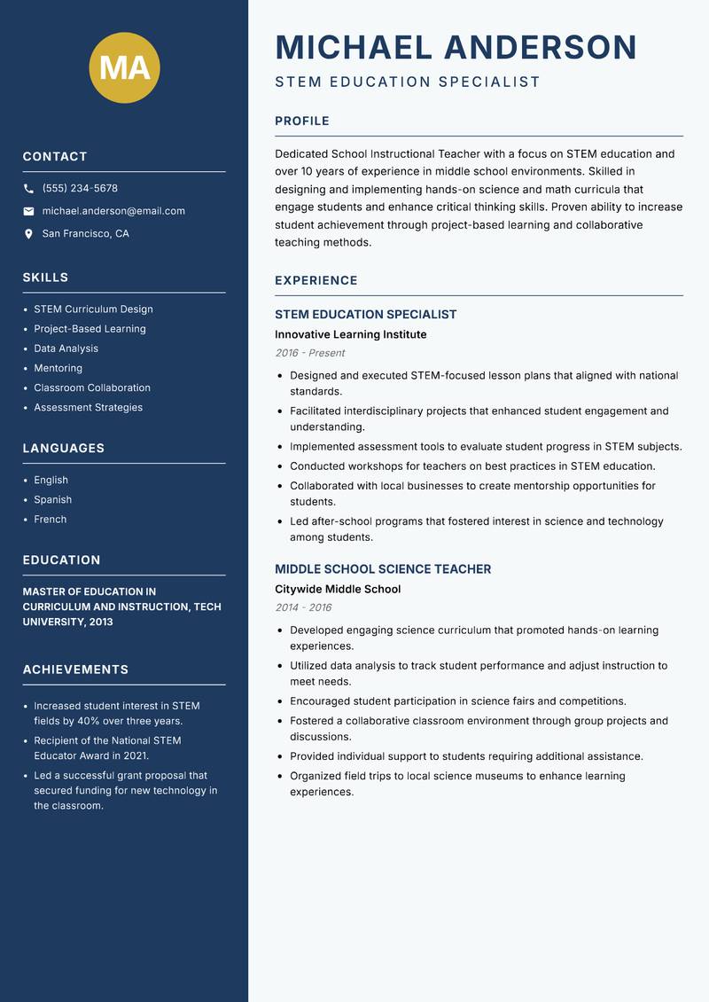 School Instructional Teacher resume template — Classic Clean