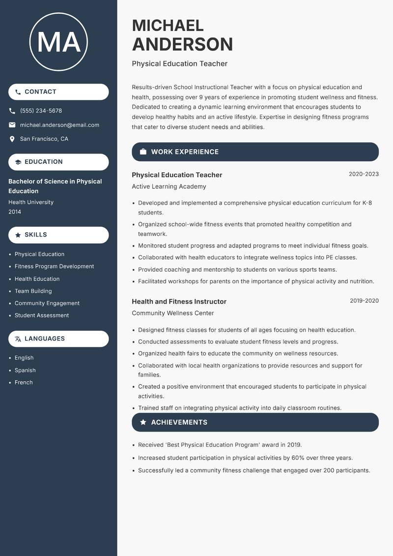 School Instructional Teacher resume template — Compact