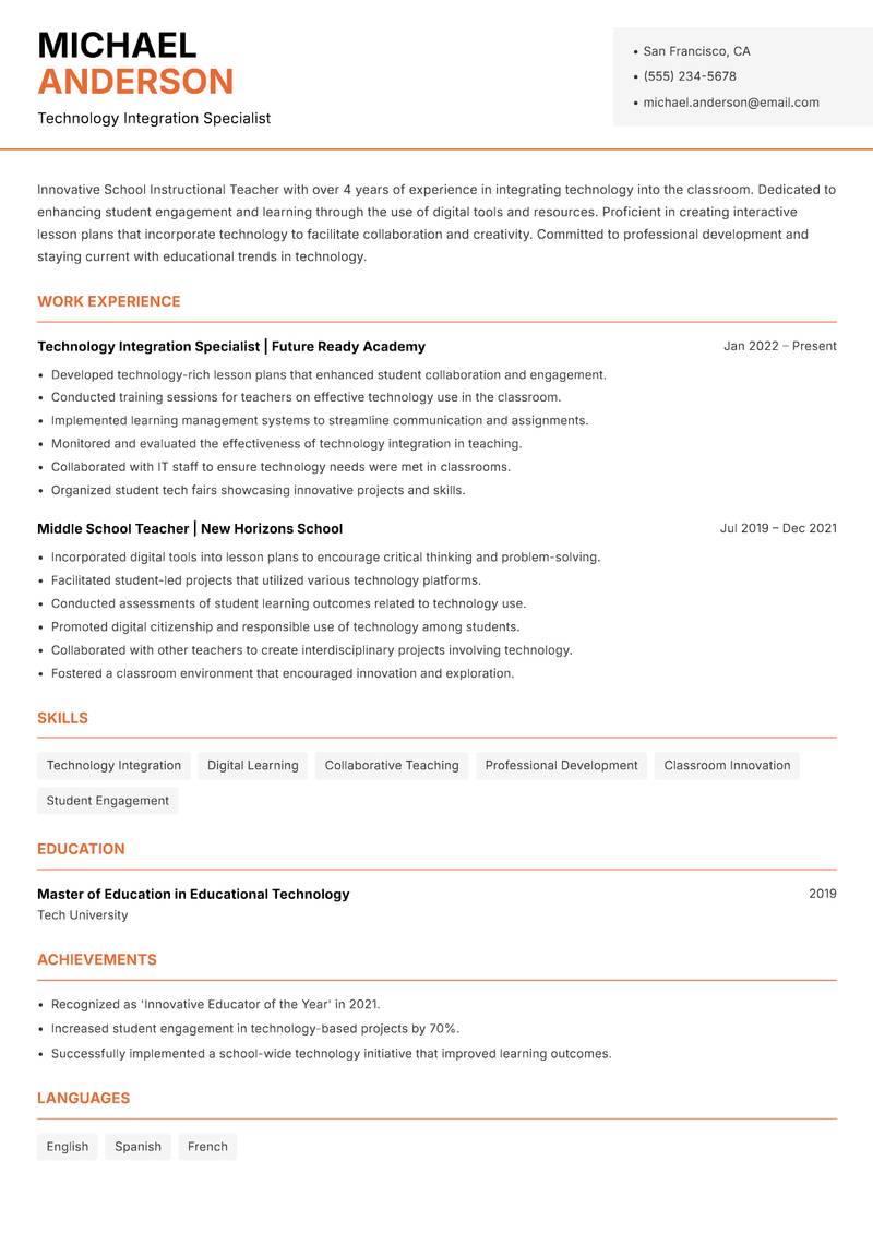 School Instructional Teacher resume template — Modern Professional