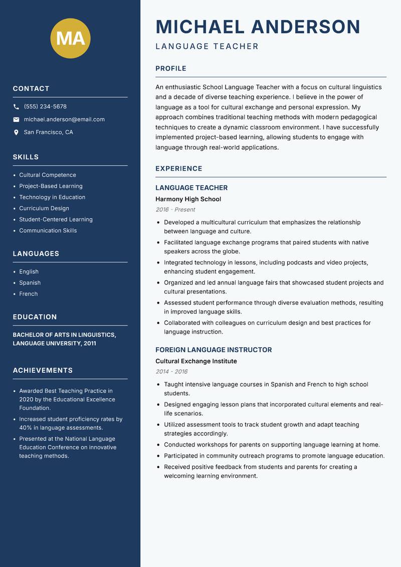 School Language Teacher resume template — Classic Clean