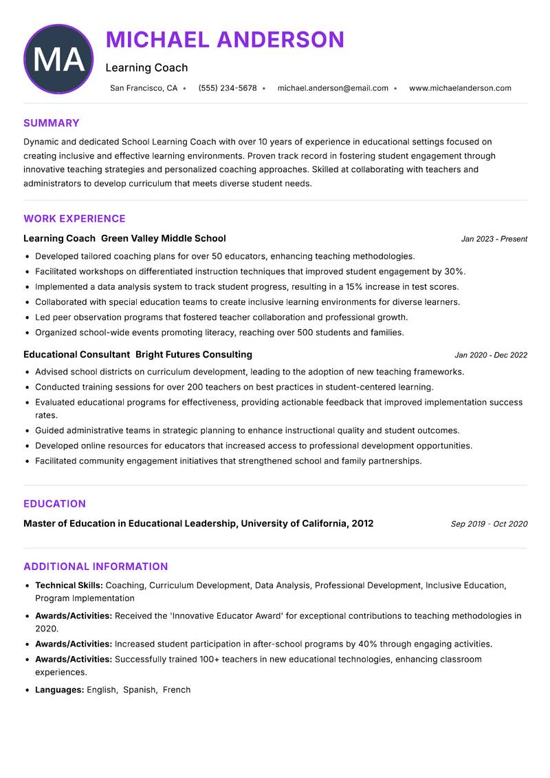 School Learning Coach resume example — ATS-friendly template