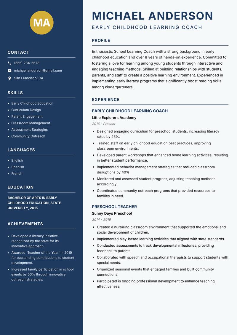 School Learning Coach resume template — Classic Clean