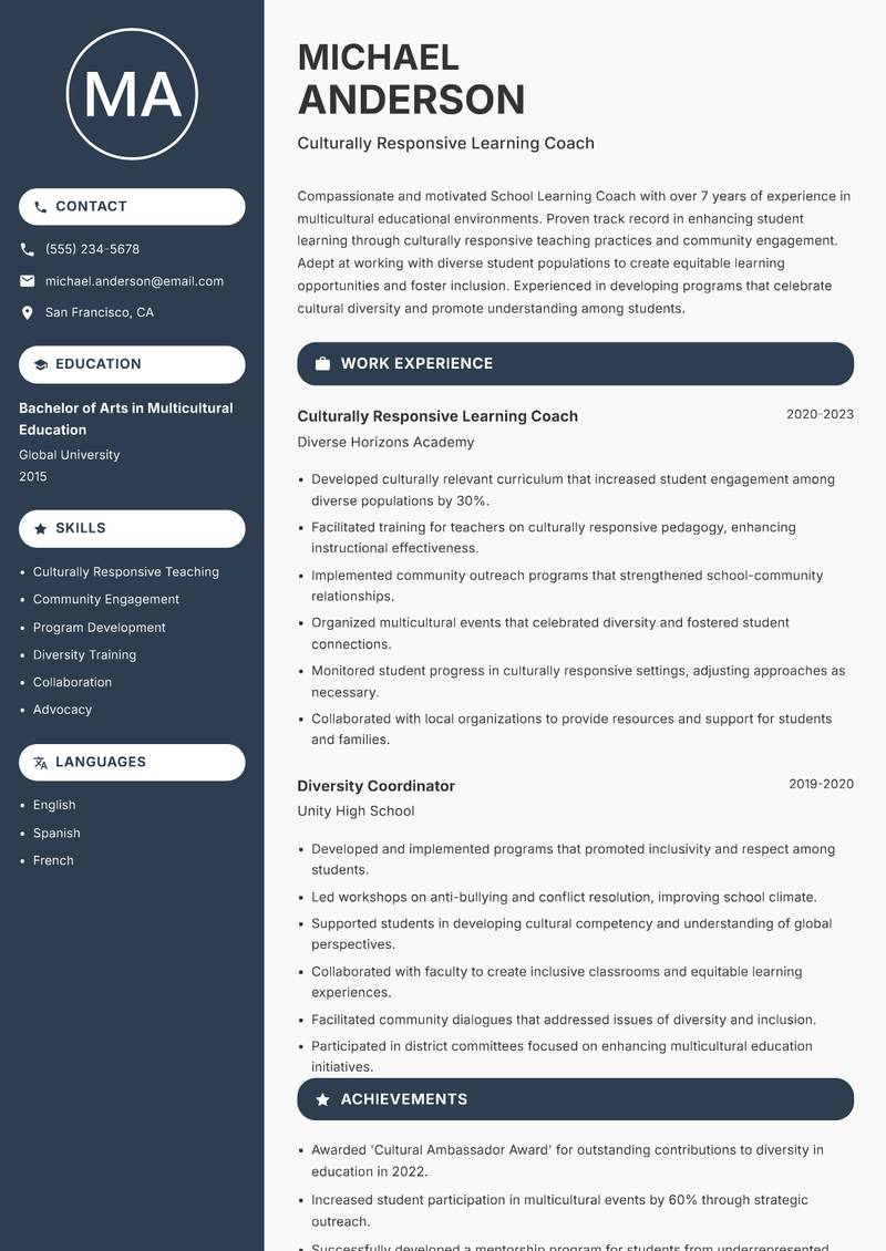 School Learning Coach resume template — Compact