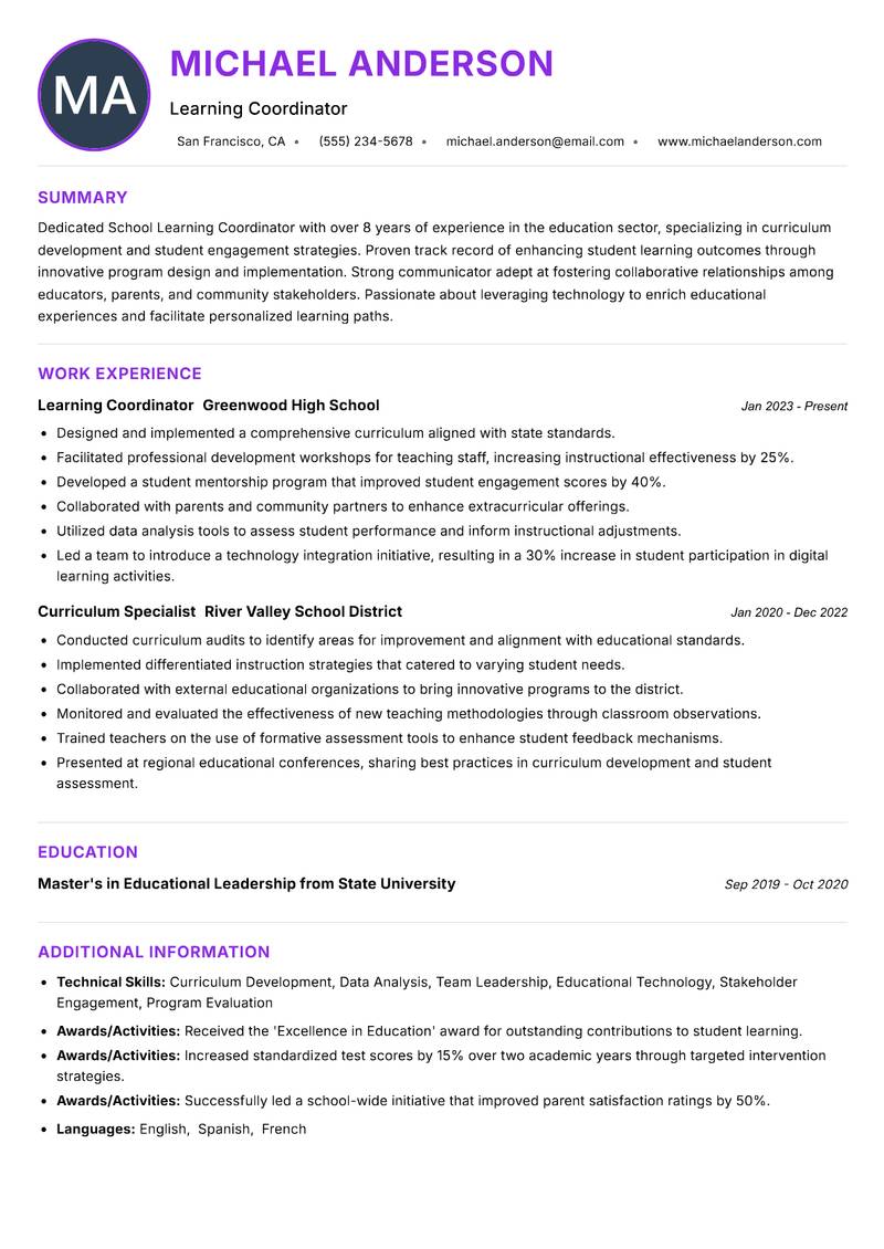 School Learning Coordinator resume example — ATS-friendly template