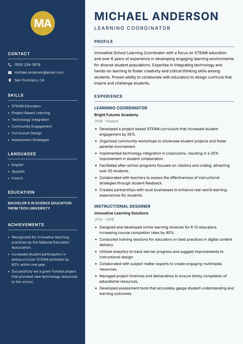 School Learning Coordinator resume template — Classic Clean