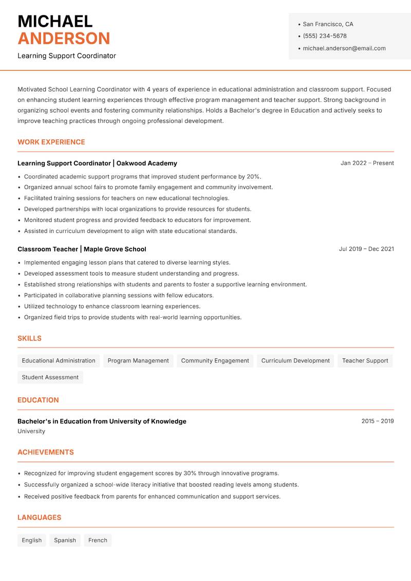 School Learning Coordinator resume template — Modern Professional