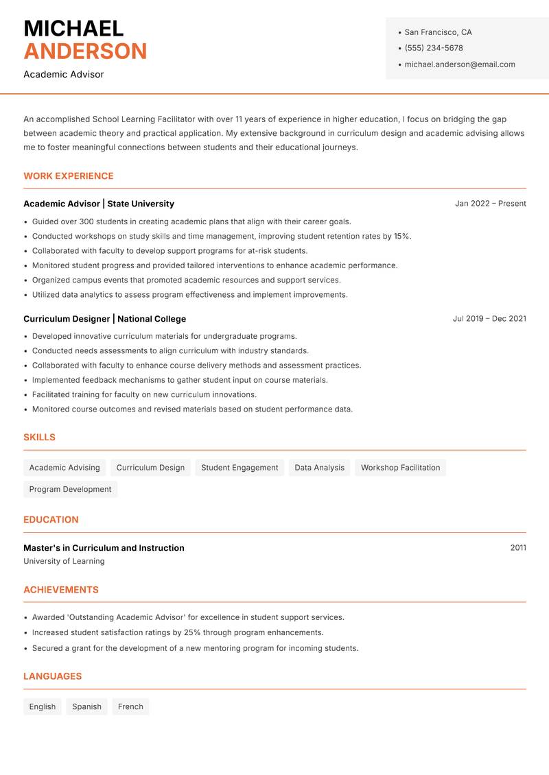 School Learning Facilitator resume template — Modern Professional