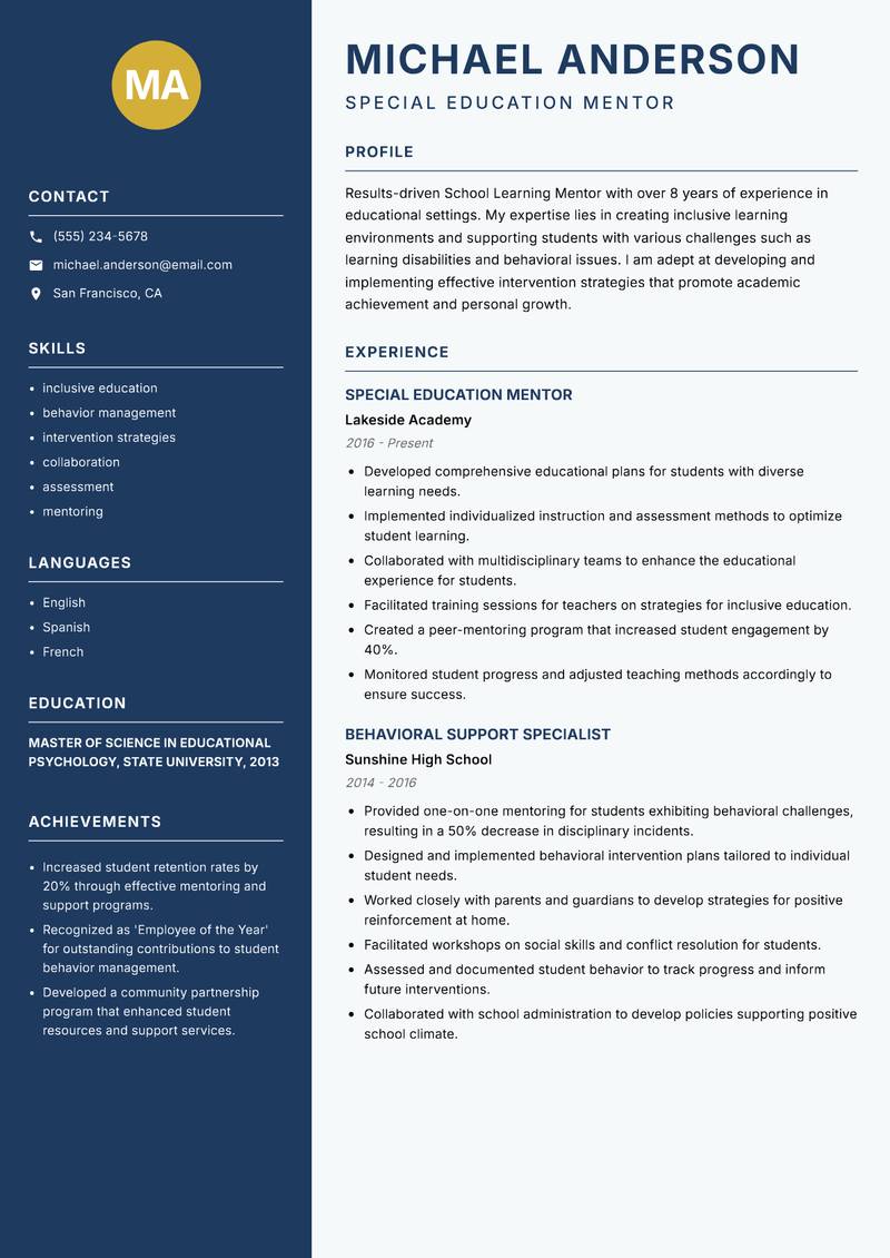 School Learning Mentor resume template — Classic Clean