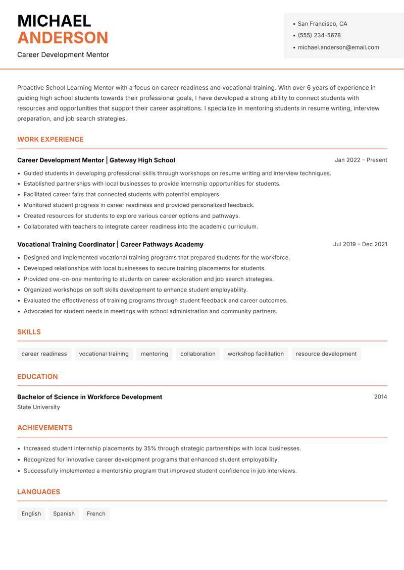 School Learning Mentor resume template — Modern Professional