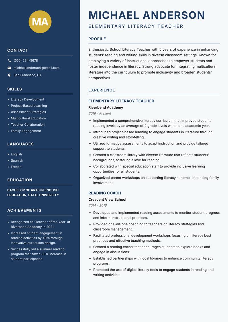 School Literacy Teacher resume template — Classic Clean