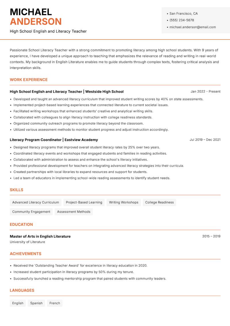 School Literacy Teacher resume template — Modern Professional