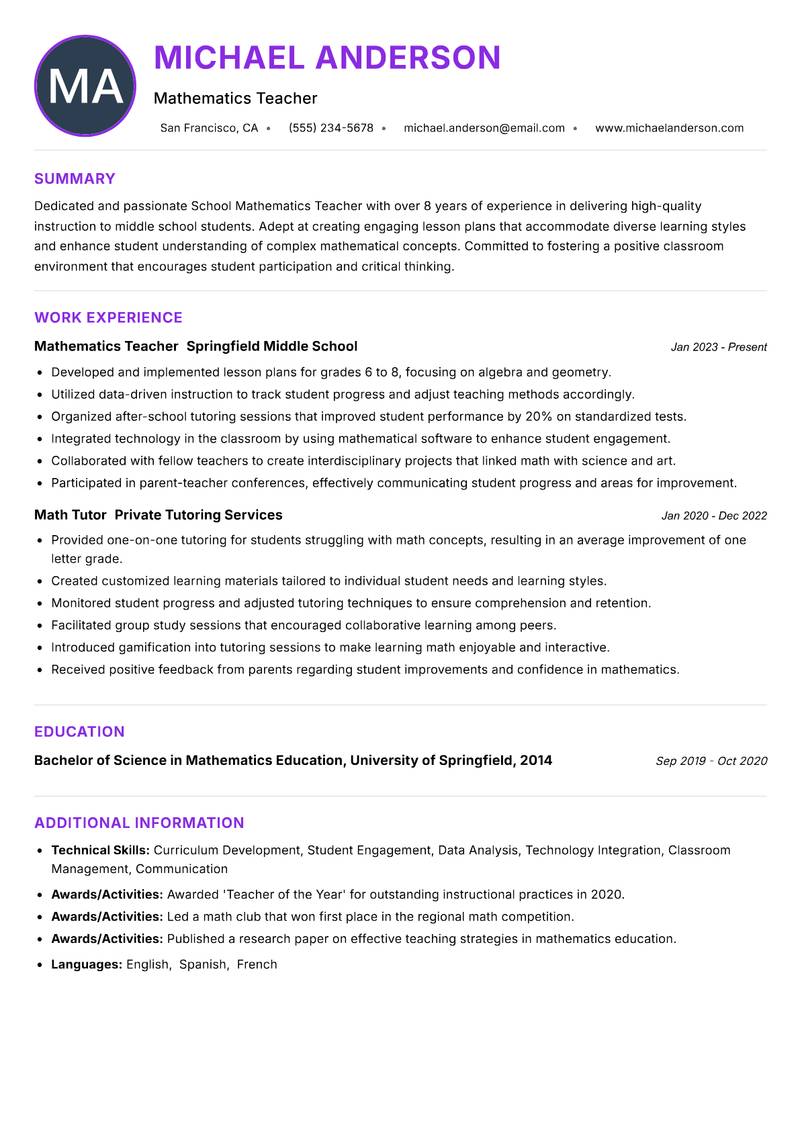School Mathematics Teacher resume example — ATS-friendly template