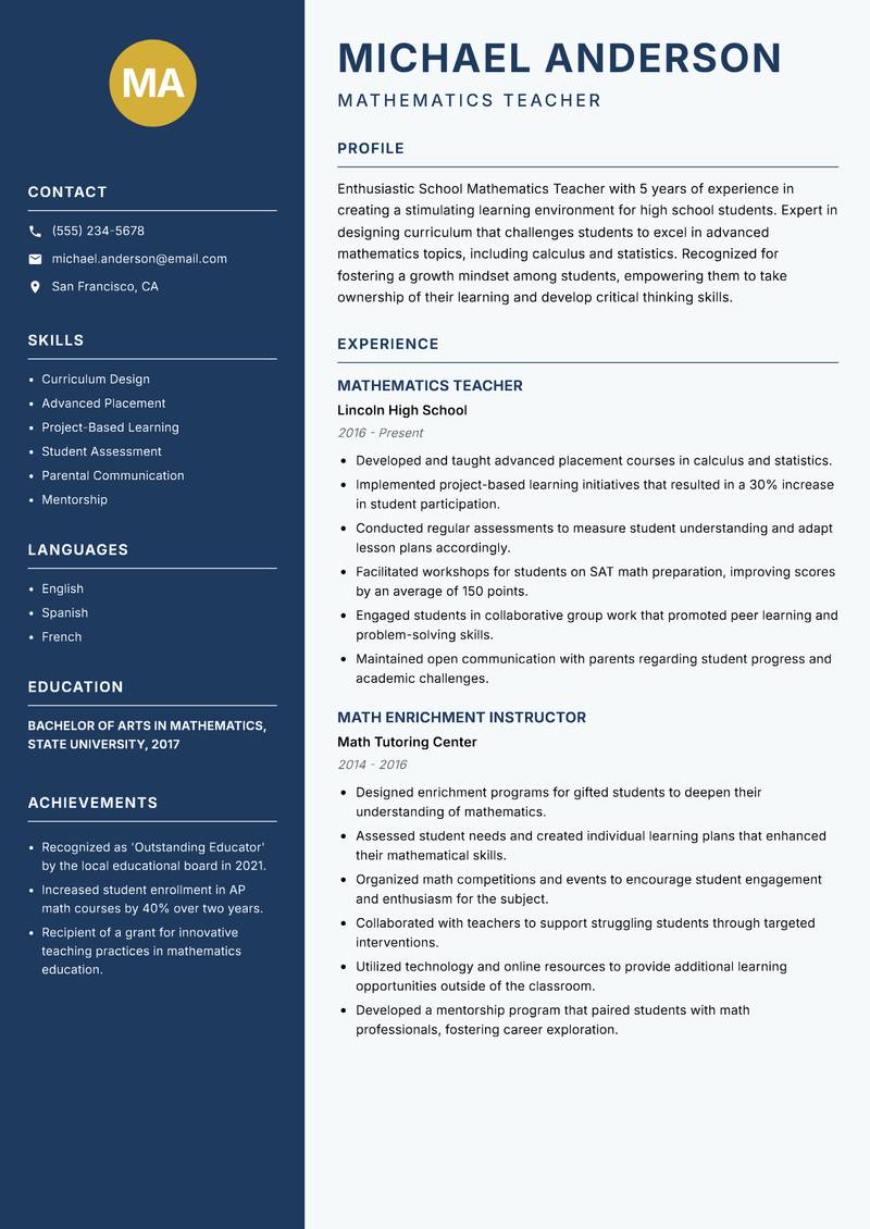 School Mathematics Teacher resume template — Classic Clean