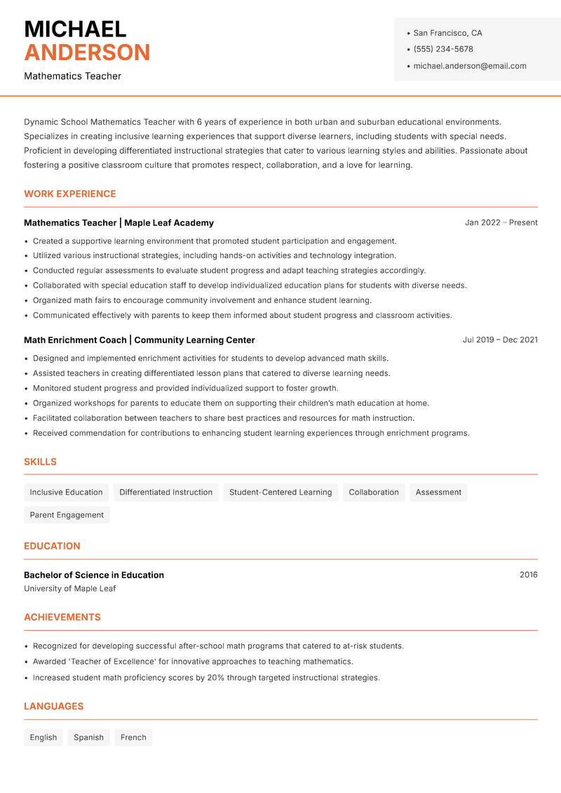 School Mathematics Teacher resume template — Modern Professional
