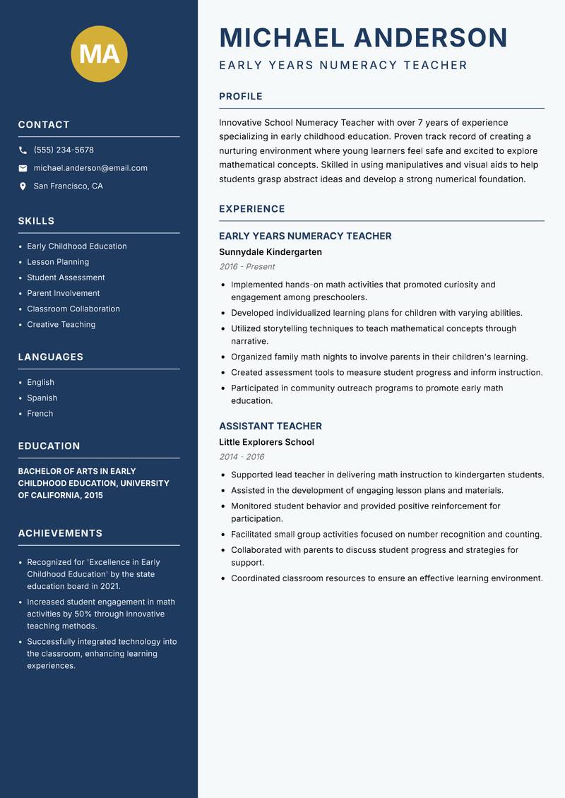 School Numeracy Teacher resume template — Classic Clean