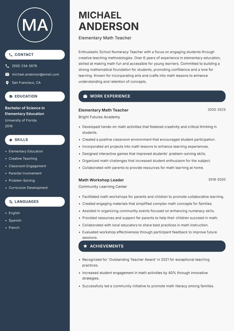 School Numeracy Teacher resume template — Compact