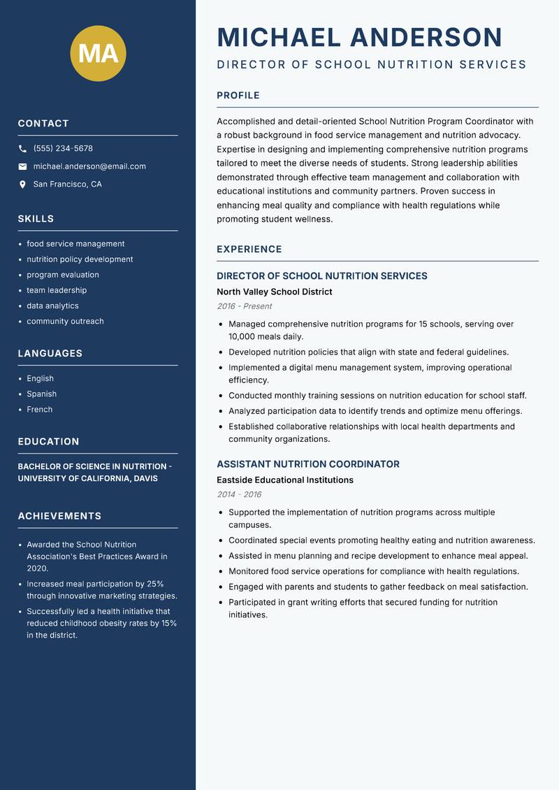School Nutrition Program Coordinator resume template — Classic Clean