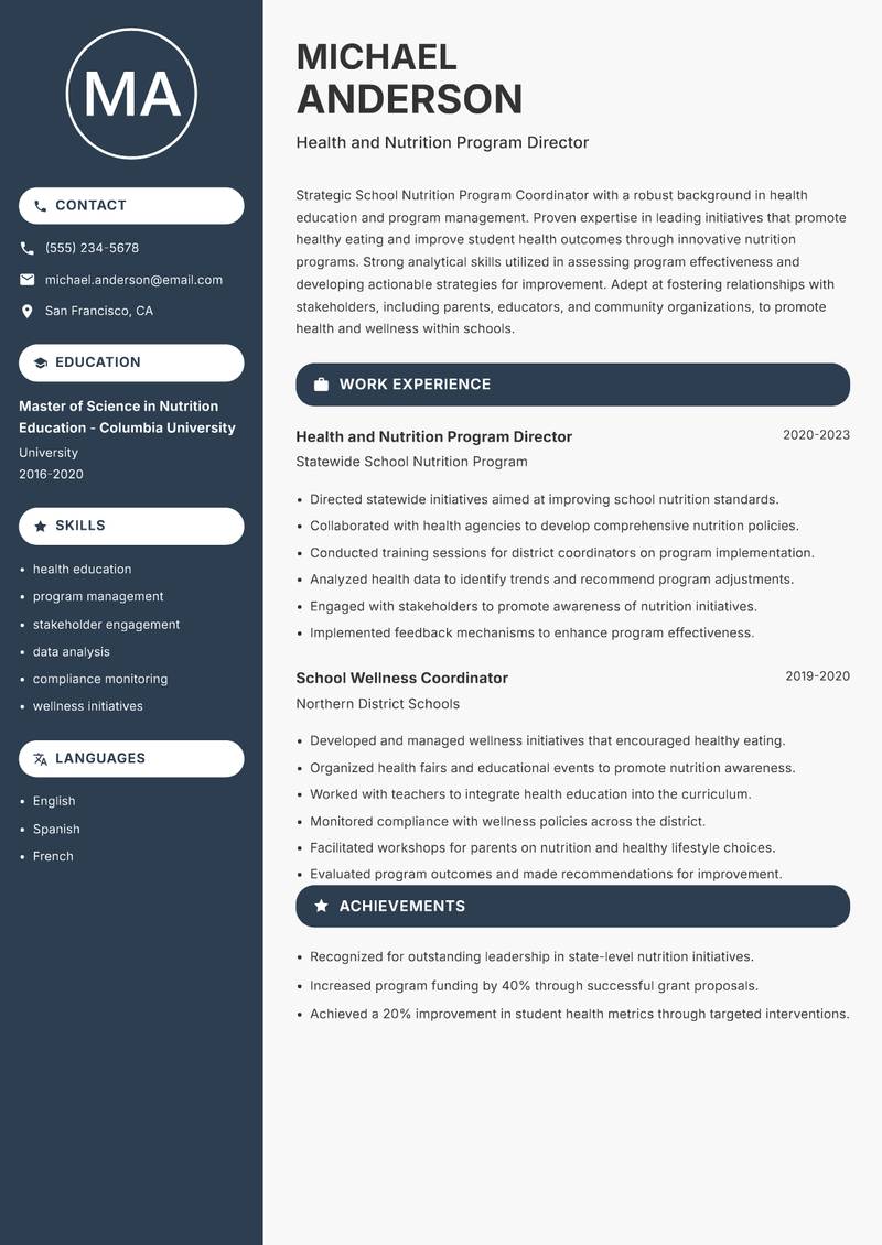 School Nutrition Program Coordinator resume template — Compact