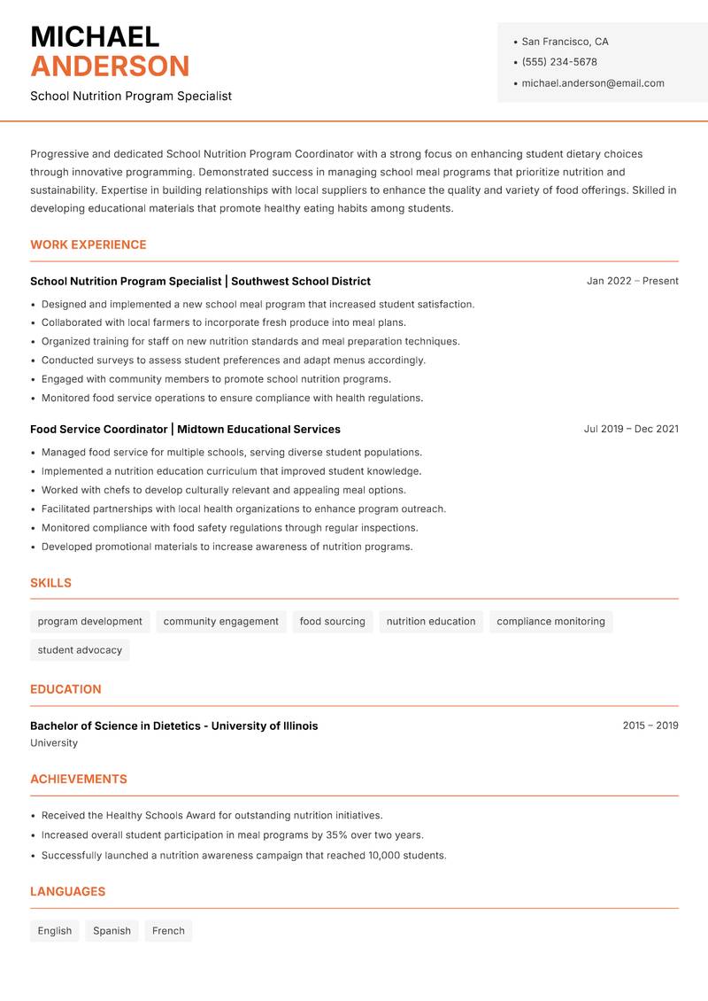 School Nutrition Program Coordinator resume template — Modern Professional